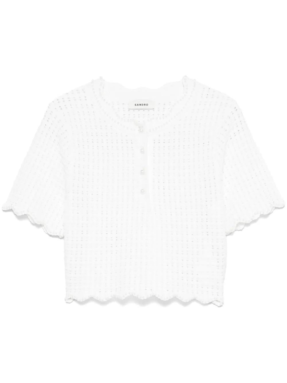 Sandro White Pearl Crochet Knit Short Sleeve Henley Top US 4